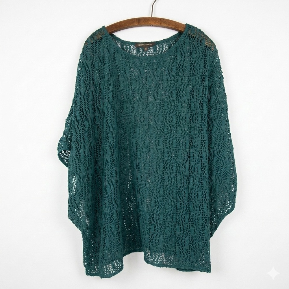 Colleen Lopez Top Size 2X Open Knit Crochet Teal Poncho Top Boho Beach Festival